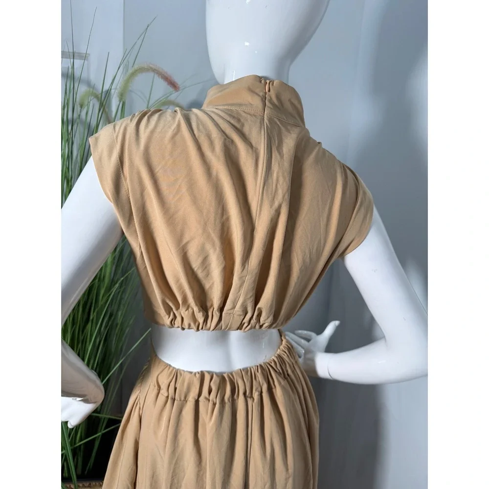 Commense Beige Cutout Maxi Dress High Neck‎  Elegant Flowy size S
